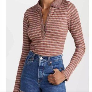 Free People Delilah Top Ribbed Henley Crochet Collar Women's Size Medium